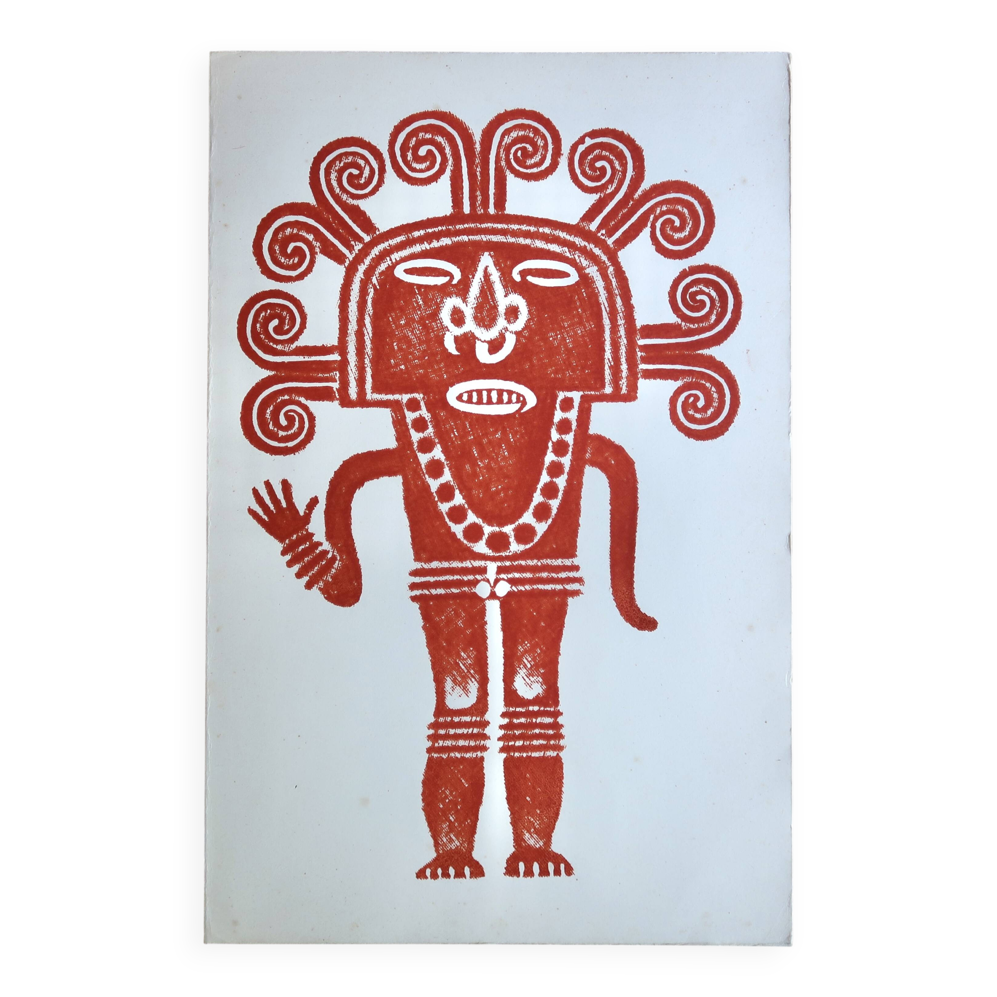 Original Pre-Columbian print, Aztecs Colombia folk 60s