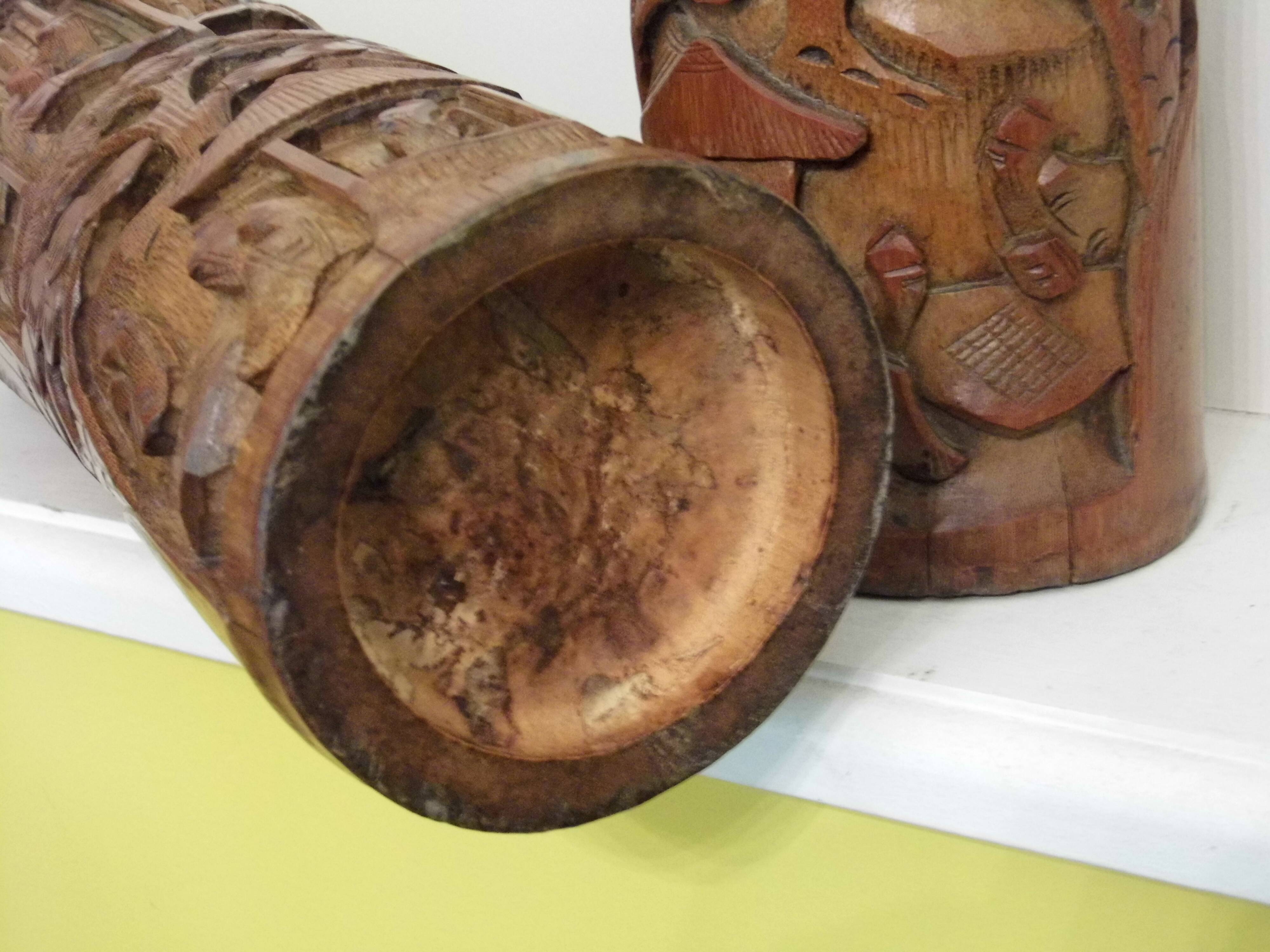 Two carved bamboo pots, pair of brush pots China late 19th early 20th century