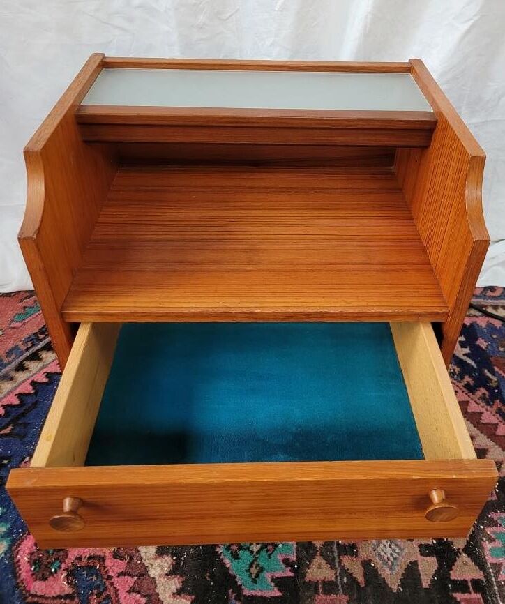 Bedside wood veneered teak, illuminating, 70s