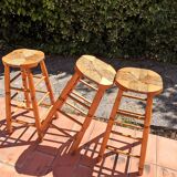 Set of 3 high “modernist” straw stools vintage 1950s