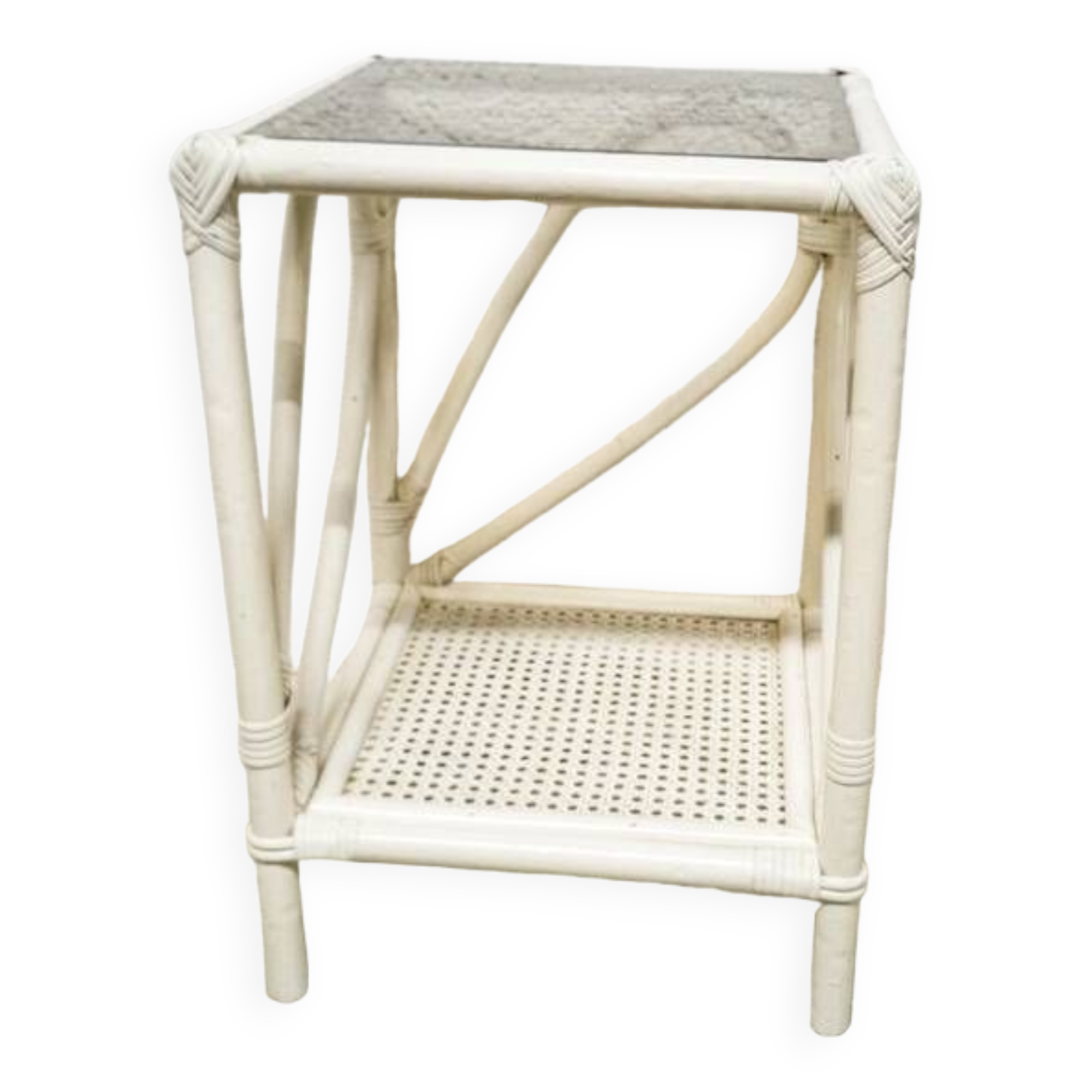 Side table in white rattan and smoked glass