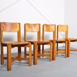 Set of 4 dining chairs elm wood cognac leather
