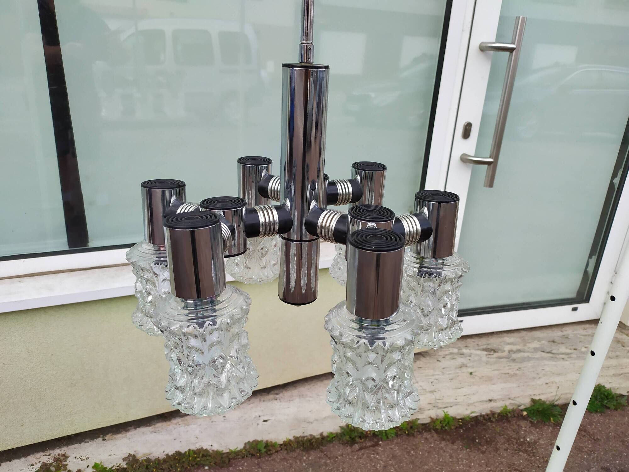 Vintage ceiling lamp in chrome plated and glass cut from targetti 1970 - 6 lamps