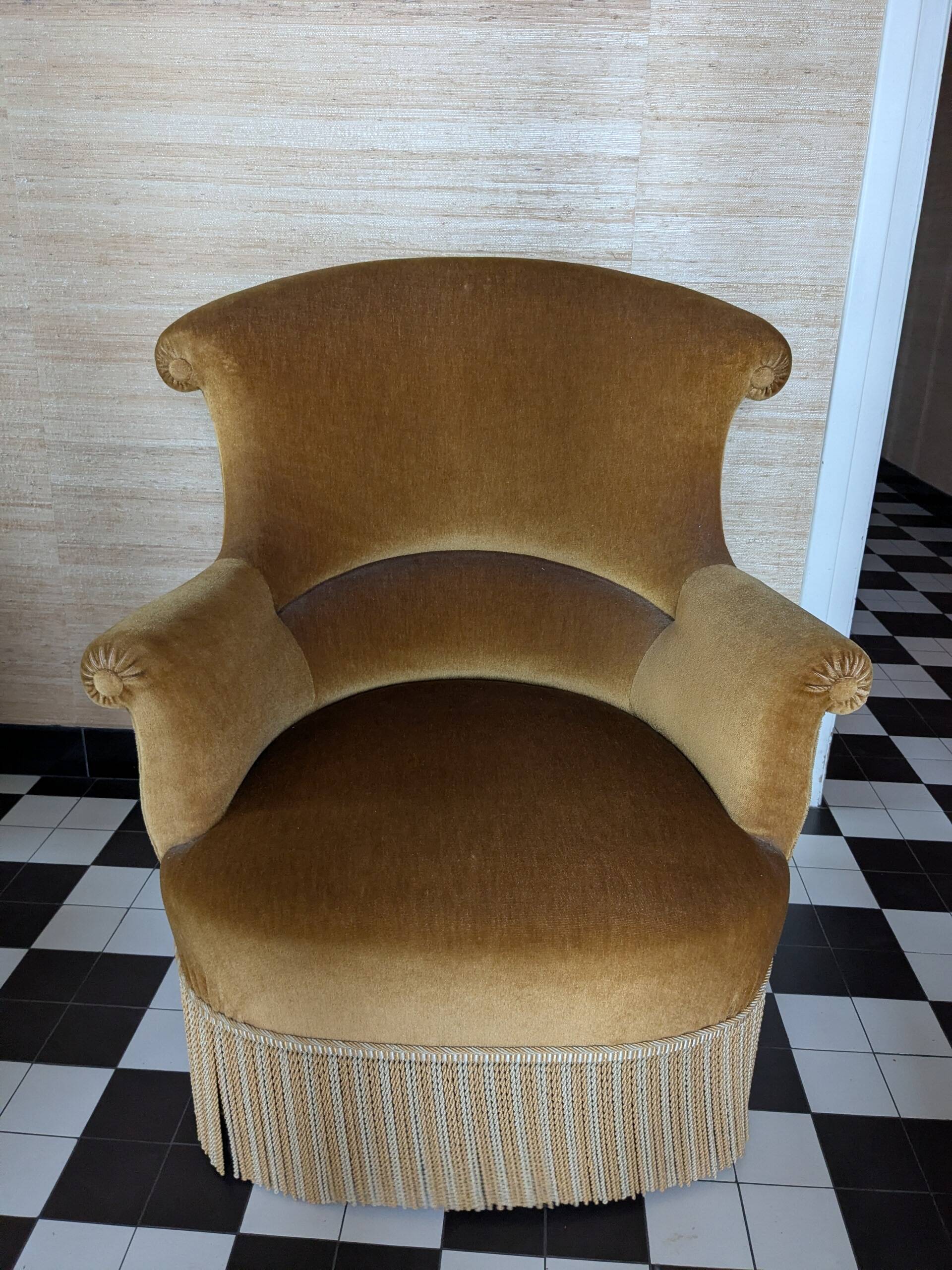 Caramel-coloured wool velvet armchair.