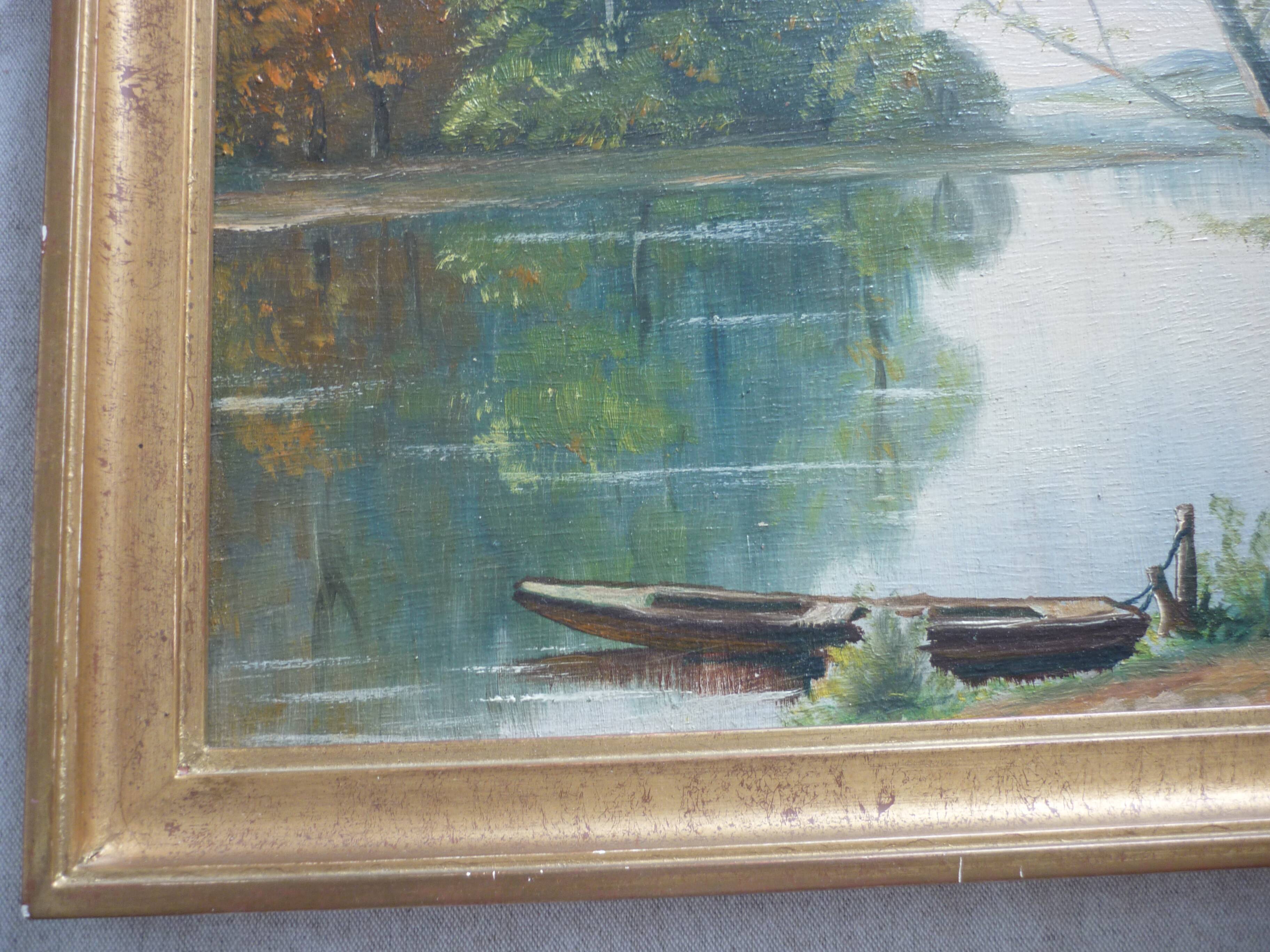 Painted framed lake landscape signed geo rousseau 1967