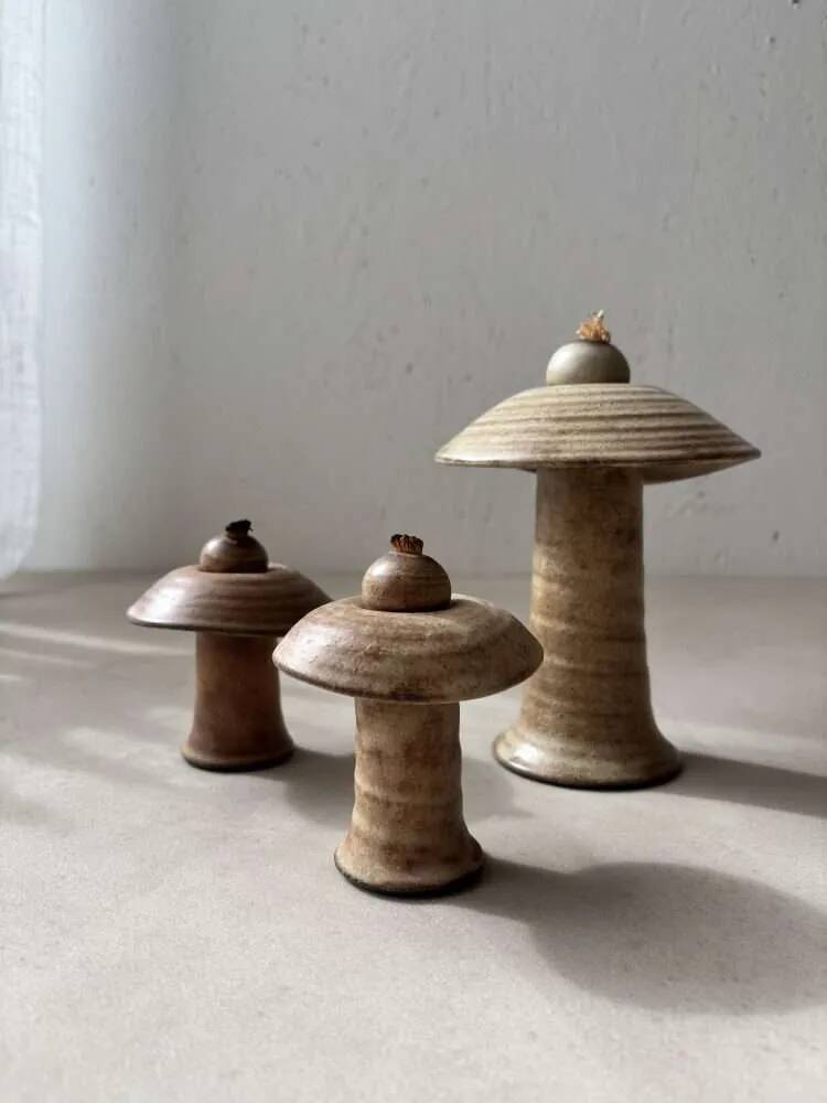 Set of three ceramic mushroom oil lamps by Freek Berends from the 1970s.