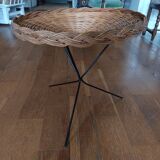 vintage wicker gueridon with a black metal tripod base from the 1960s