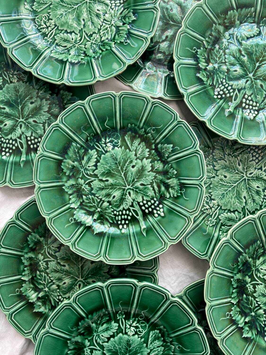 10 old dessert plates in Sarreguemines vine leaf slip