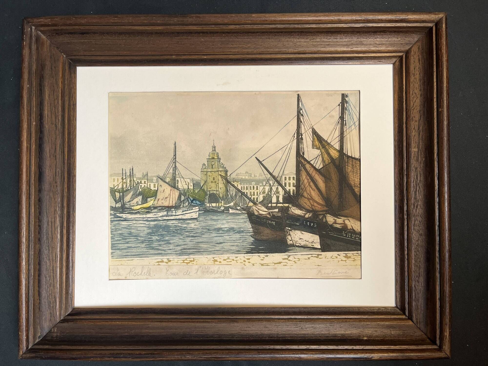 Frédéric Louis Levé, Aquatint Port of La Rochelle framed late 19th century