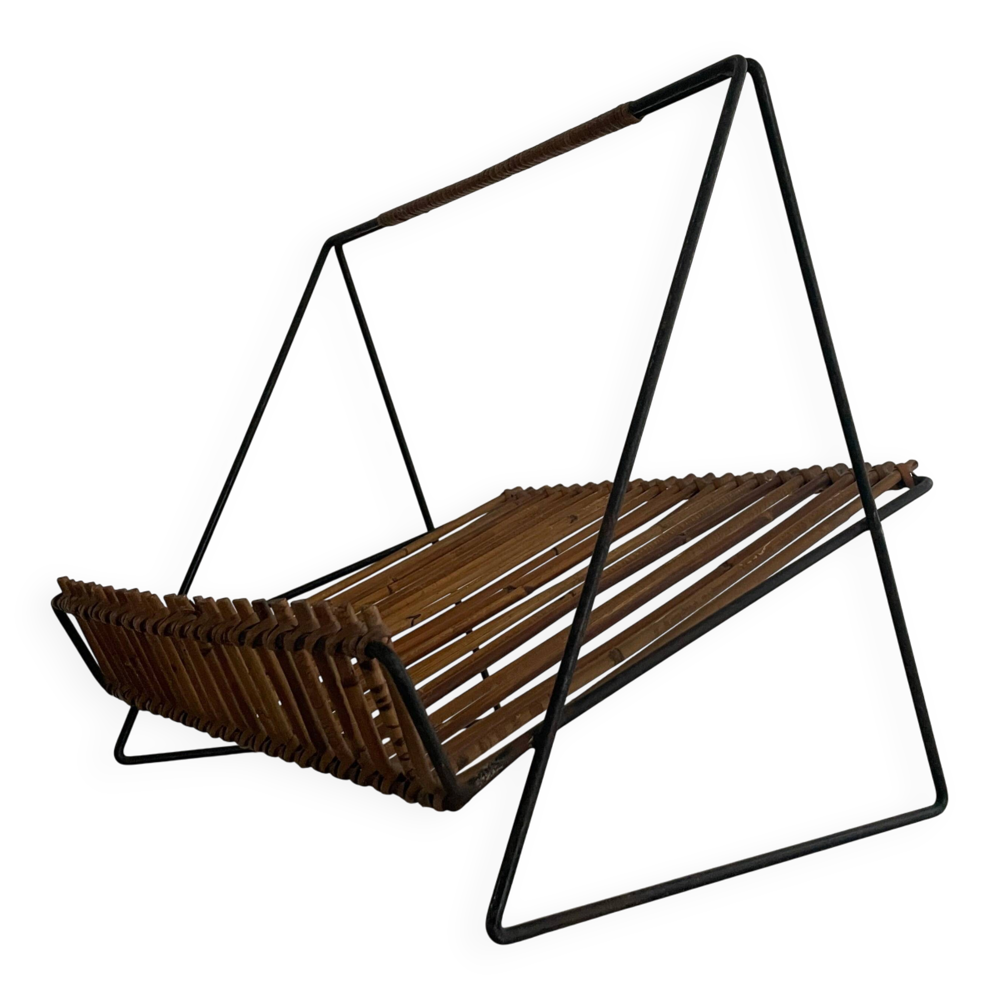 Mid-century black metal and rattan magazine rack, 1960, Italy