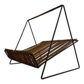 Mid-century black metal and rattan magazine rack, 1960, Italy