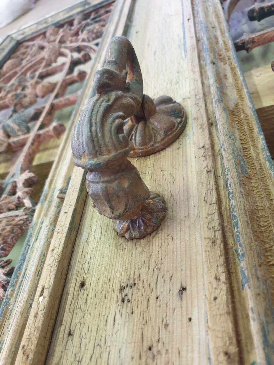 Front door of a house or building in the city centre, with a dolphin door knocker and frame + transom.