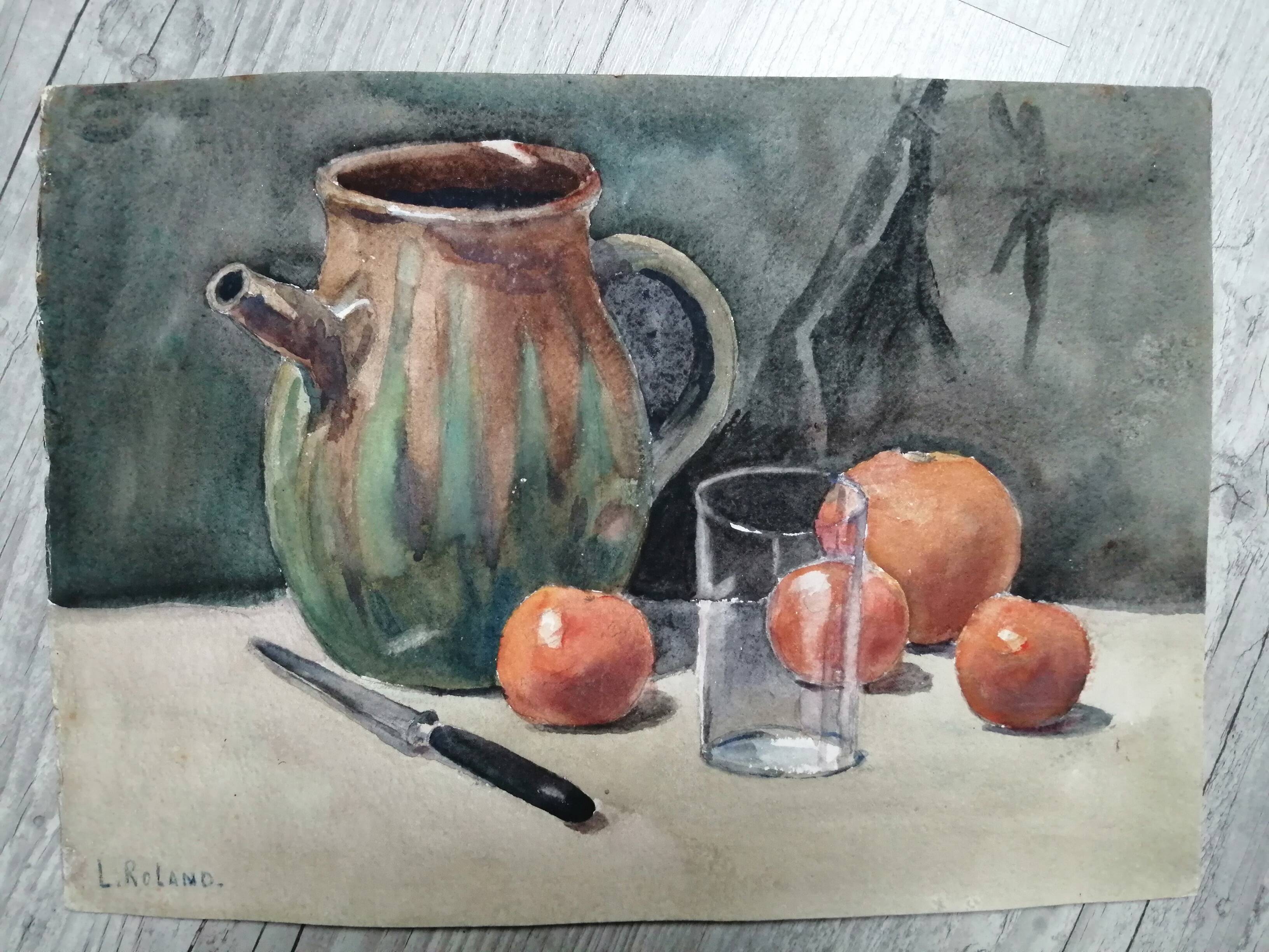 Still Life "Pottery" watercolor signed L.Roland