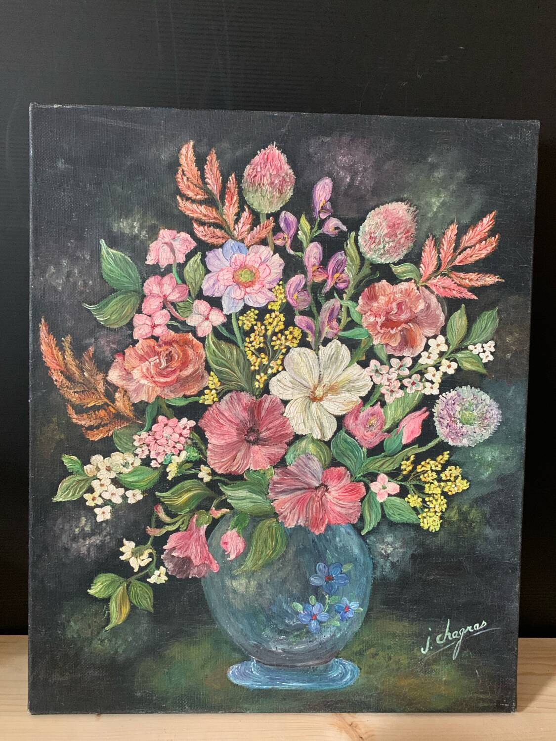 Oil on canvas bouquet of pink flowers