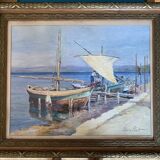 Old painting "Marine with boats" signed Marie Piat, 1930s-40s