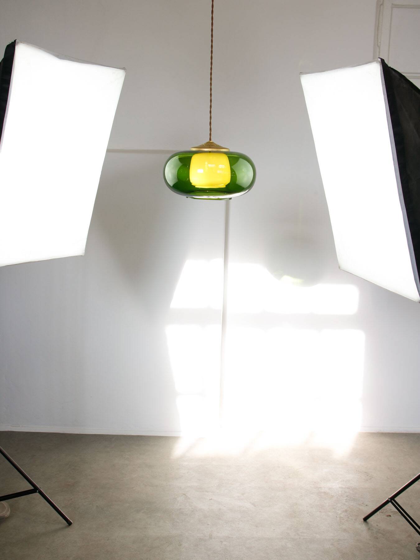 Mid-Century Italian Green Glass & Brass Pendant Lamp, 60s