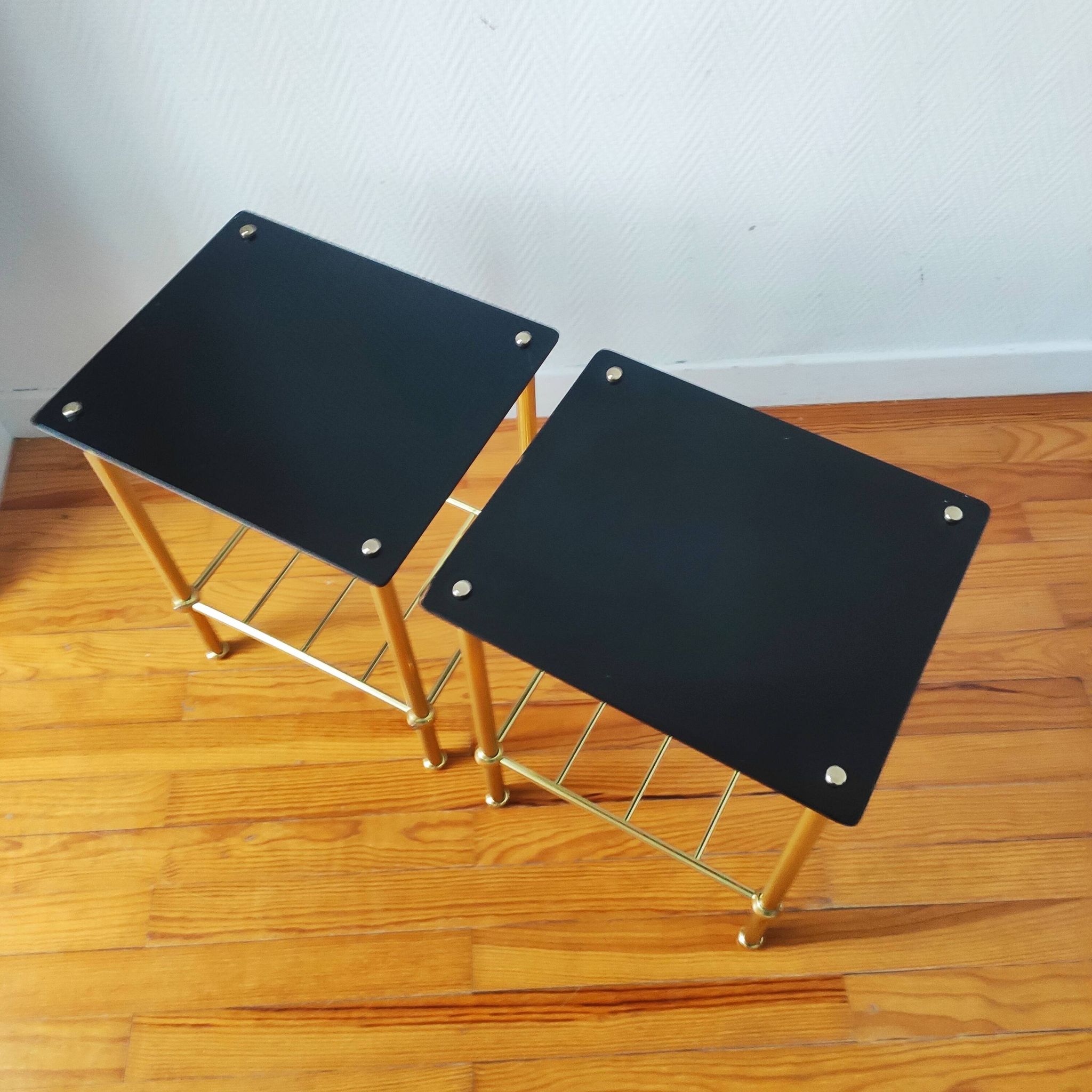 Pair of vintage 70s glass and brass sofa ends