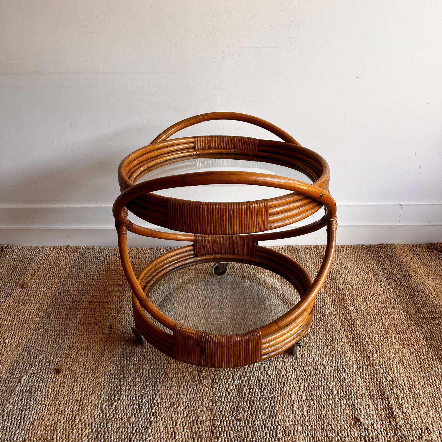 Chariot à dessert en rotin et bambou style Mid Century