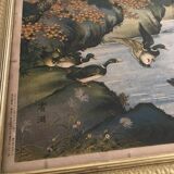 Old painting with a polychrome print decoration of ducks in nature.