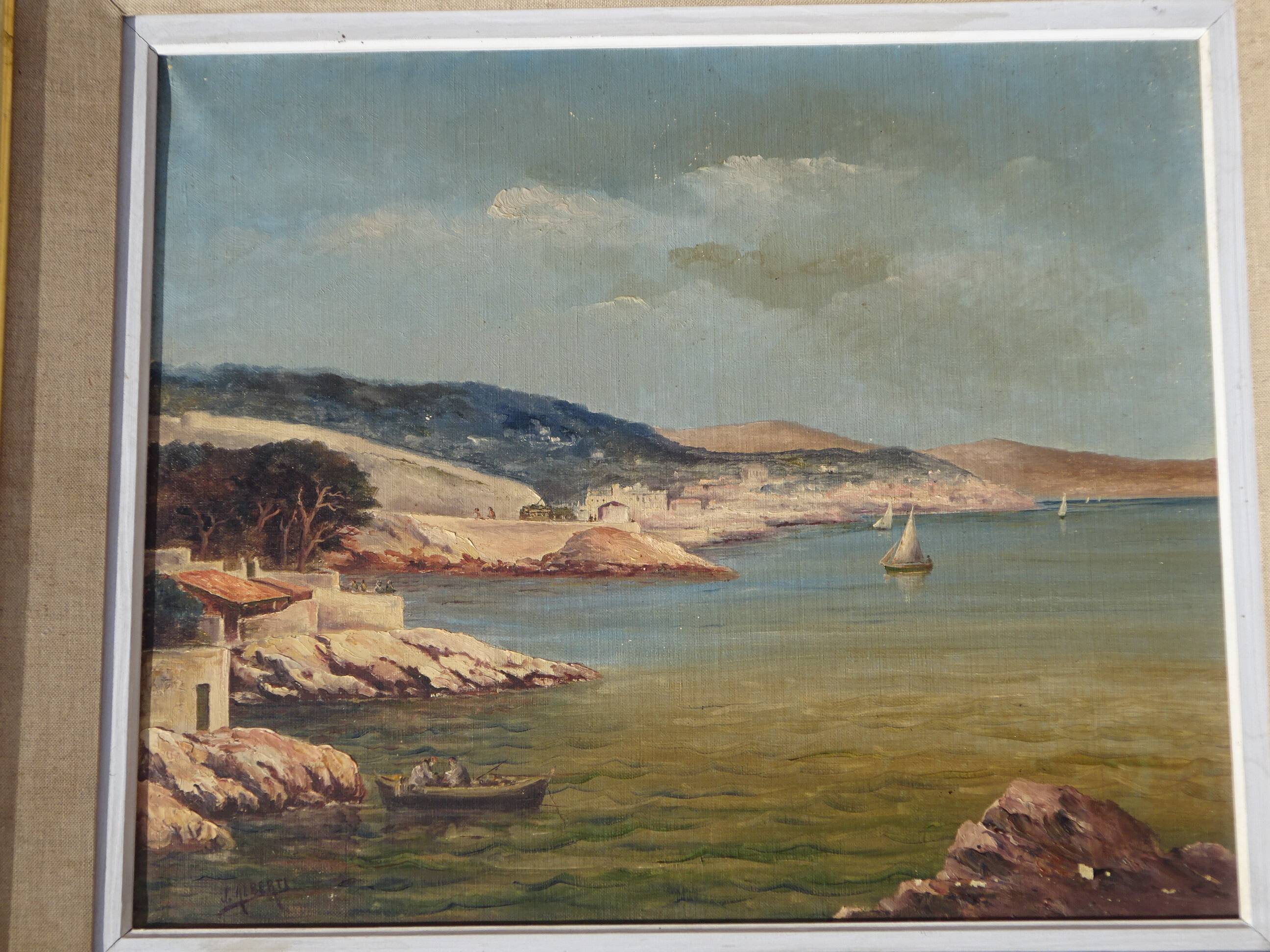 Huile sur toile du XIXème siècle, calanques, Méditerranée