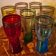 lot of 7 large tinted glasses for lemonade with double gold rim, 1950, 16x8 in good condition