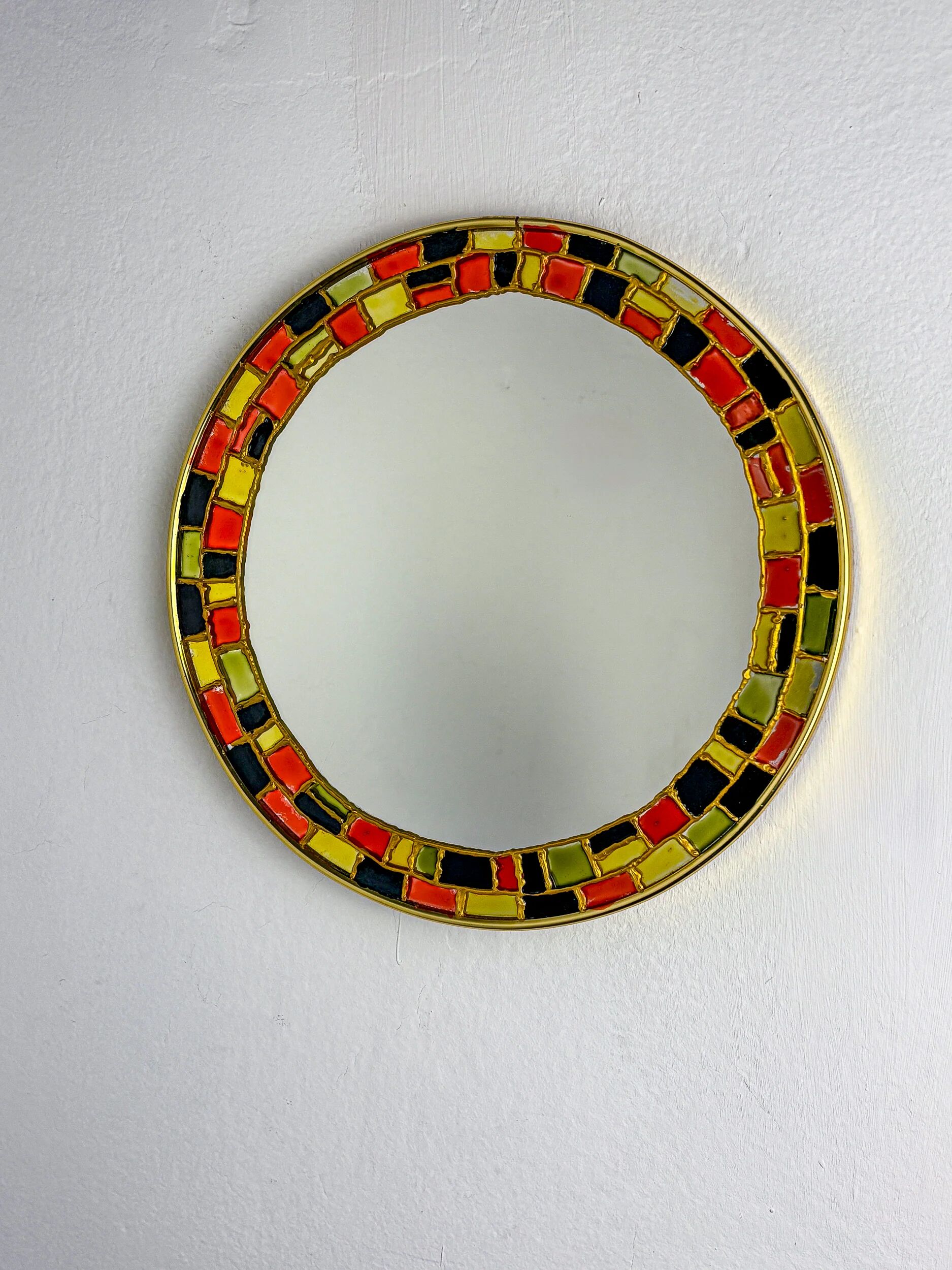 Spanish hand-painted ceramic-style mosaic circular mirror, 1970s