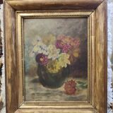 Oil on cardboard signed "Still life with bouquet of flowers" gilded wooden frame