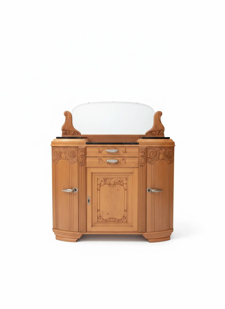 Art Deco Display Buffet in Carved Wood, Black Marble and Bi-Mirror