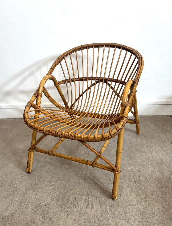Fauteuil coquille en rotin années 50