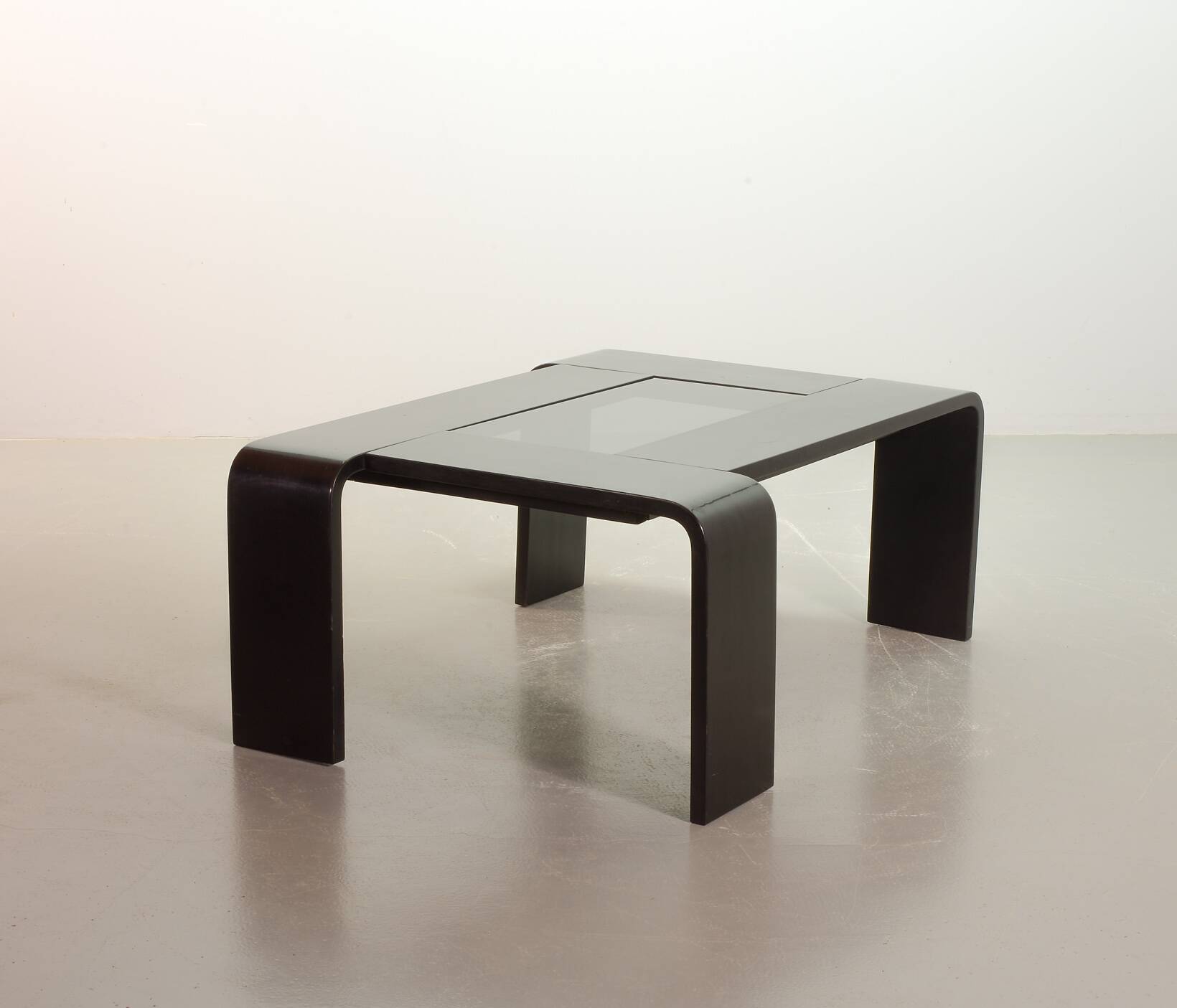 Rectangle Black Lacquered Plywood Coffee Table with Smoked Glass Panel 70s