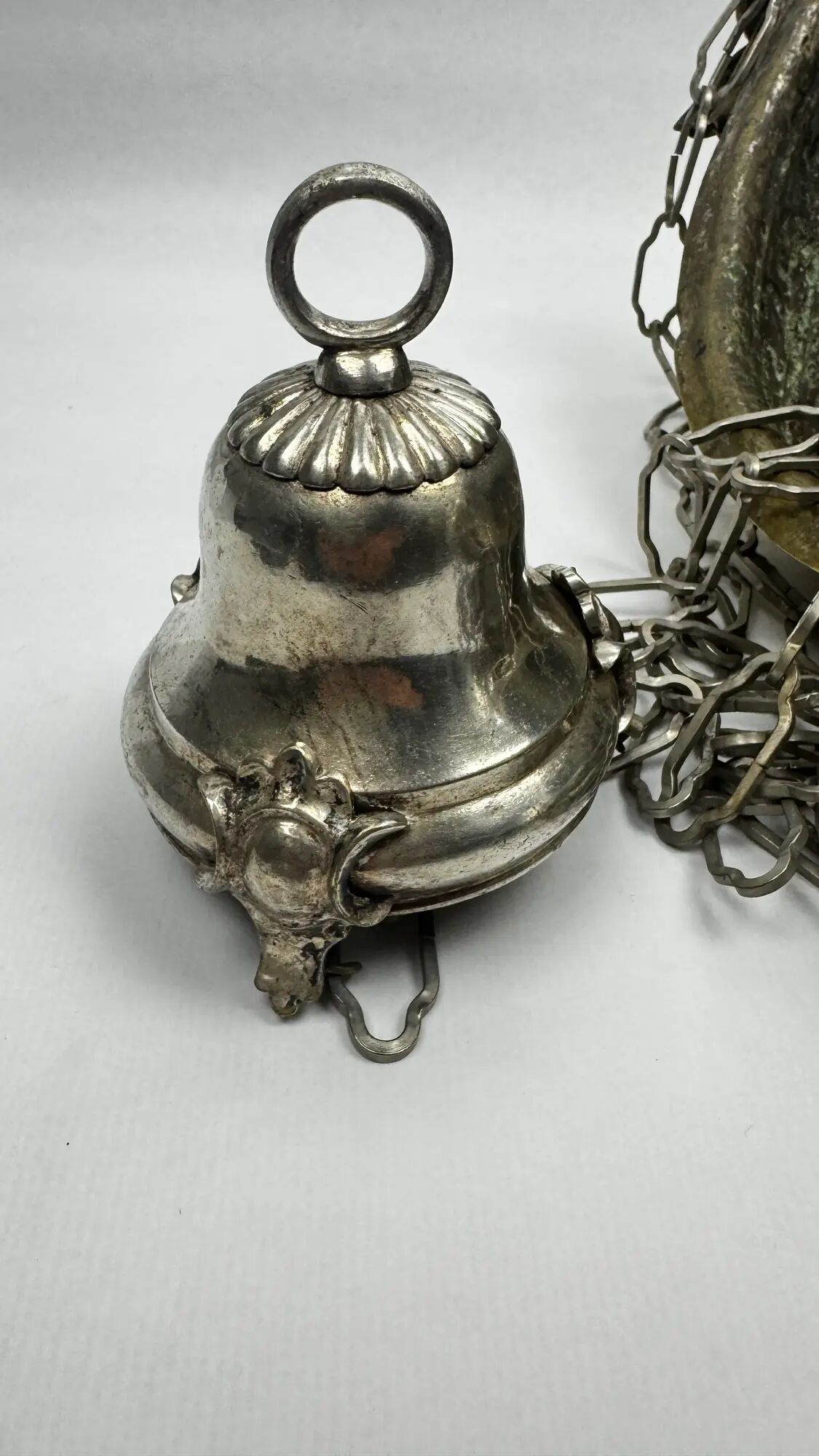 Ancient sanctuary lamp, silver-plated brass, winged angel, 130 cm.