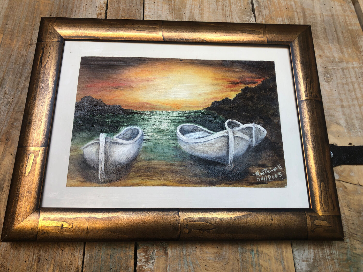 Painting oil antoine barques seaside + gilded wood frame #a220