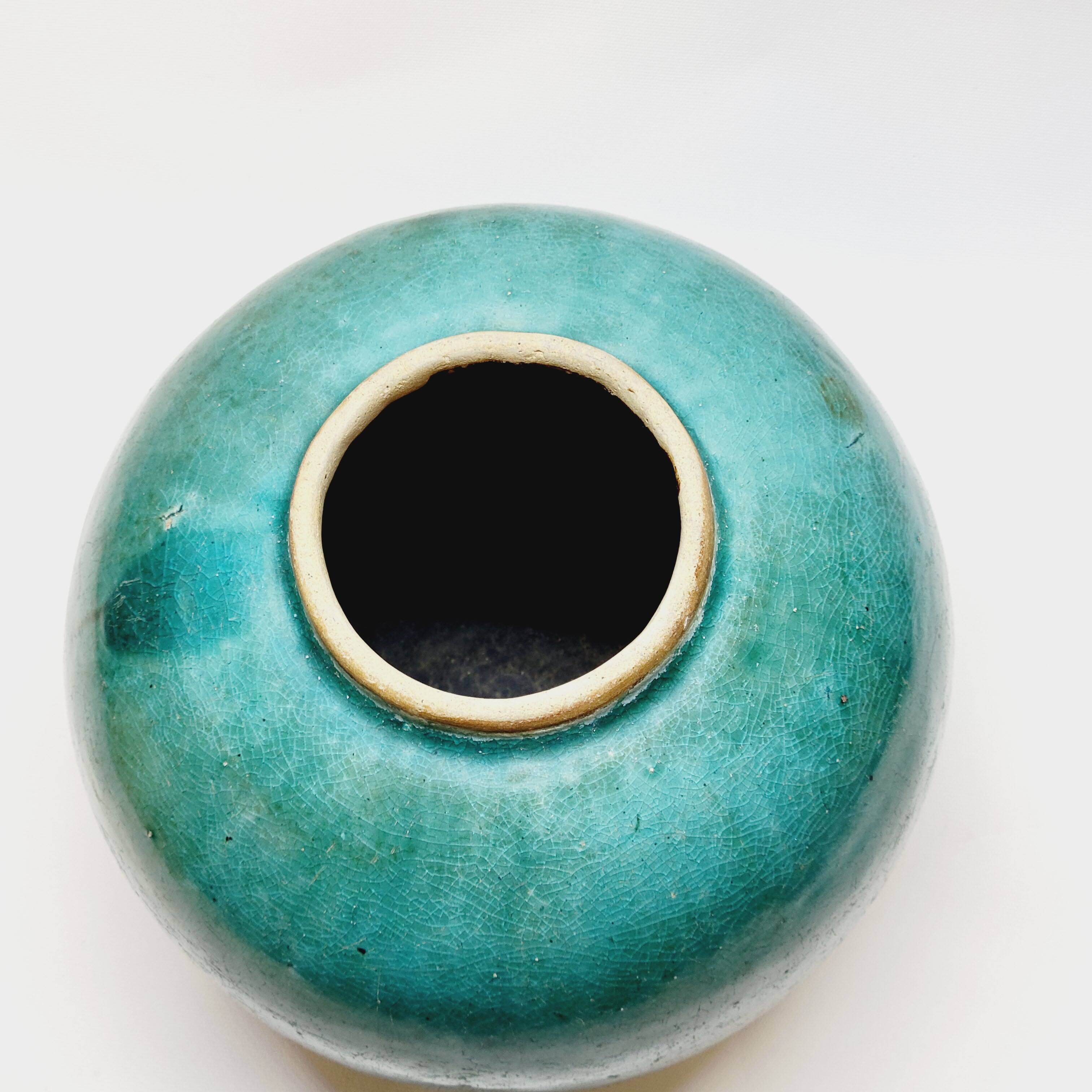 Antique Chinese Ginger Pot 1900 Green Blue Turquoise Enameled Ceramic