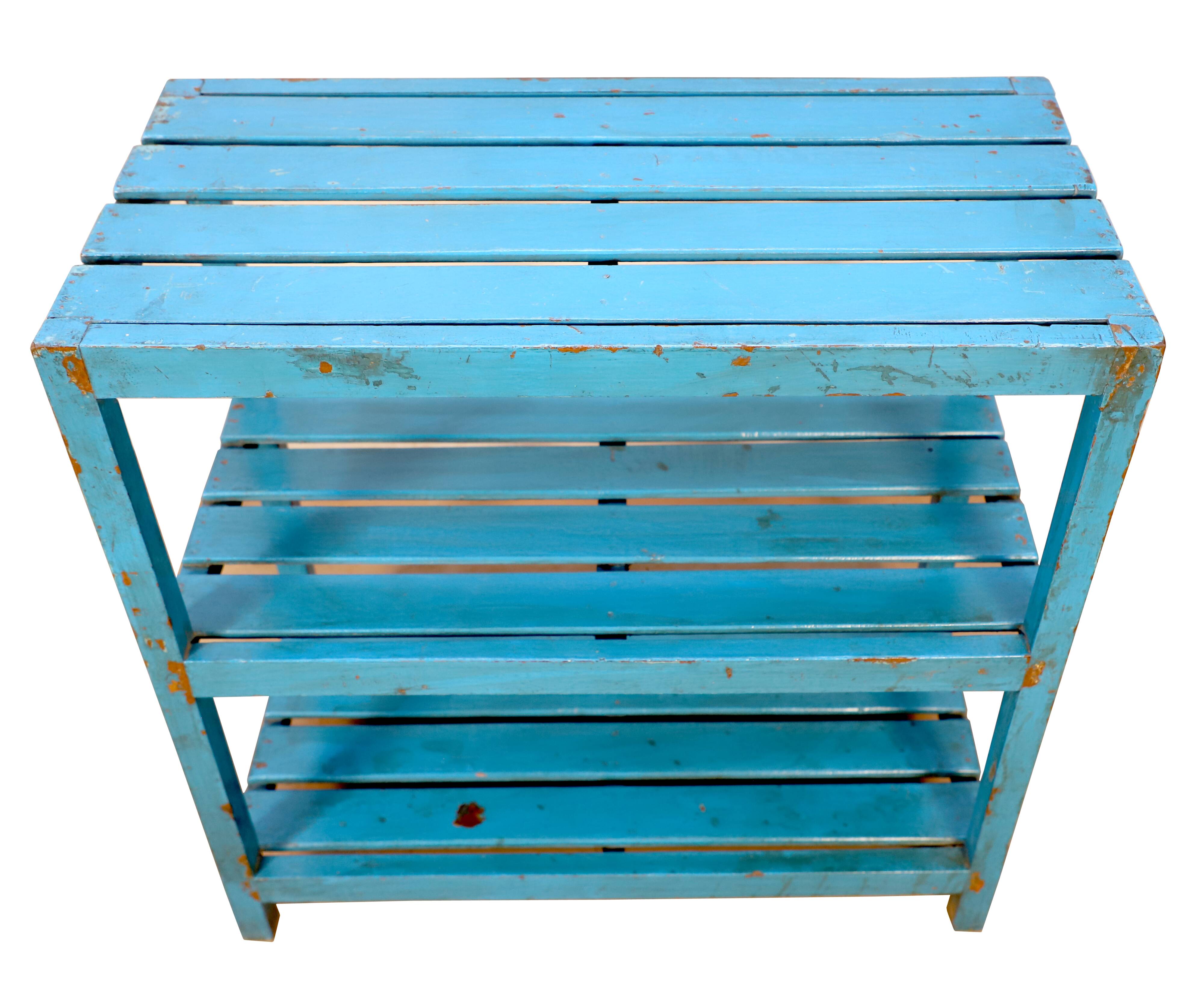 3-level Burmese teak shelf with original blue patina