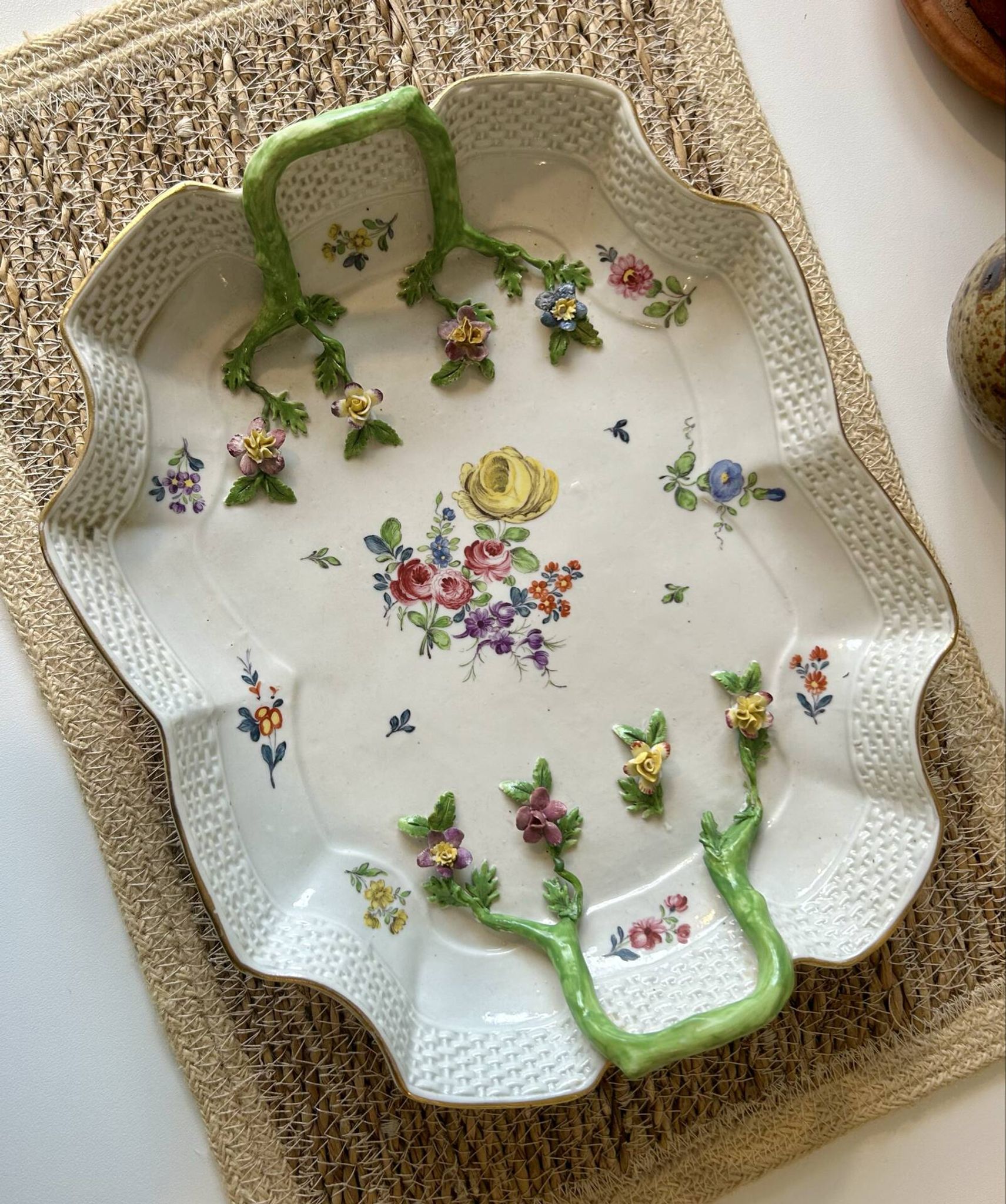 Large decorative antique plate with raised flowers – 19th century style