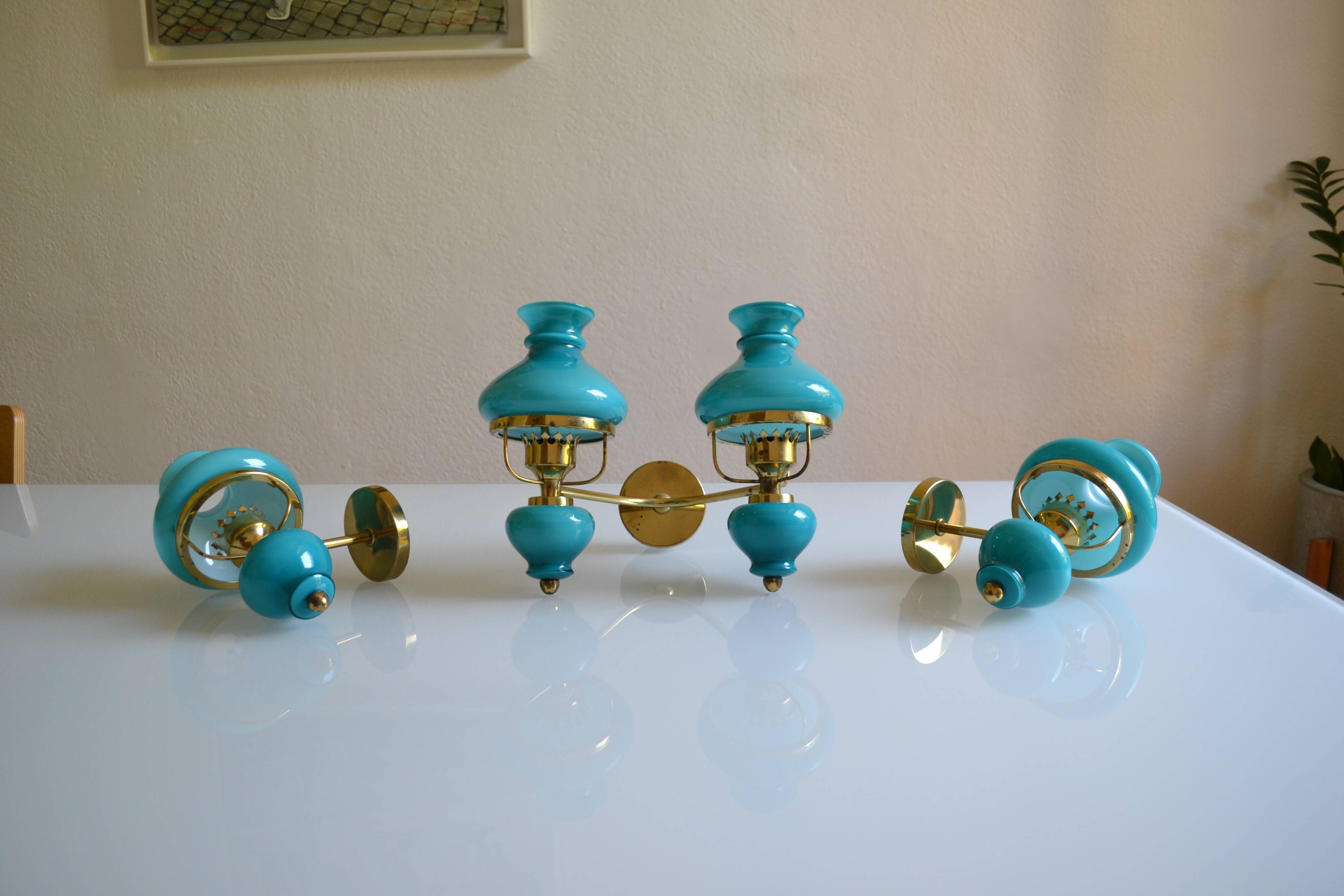 Series of 3 vintage brass and blue opaline wall lamps
