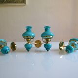 Series of 3 vintage brass and blue opaline wall lamps