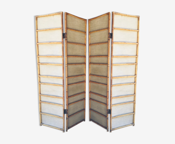 Vintage screen with 4 leaves in bamboo and woven rattan - 1950