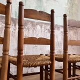 4 chaises Art Populaire en bois et paille