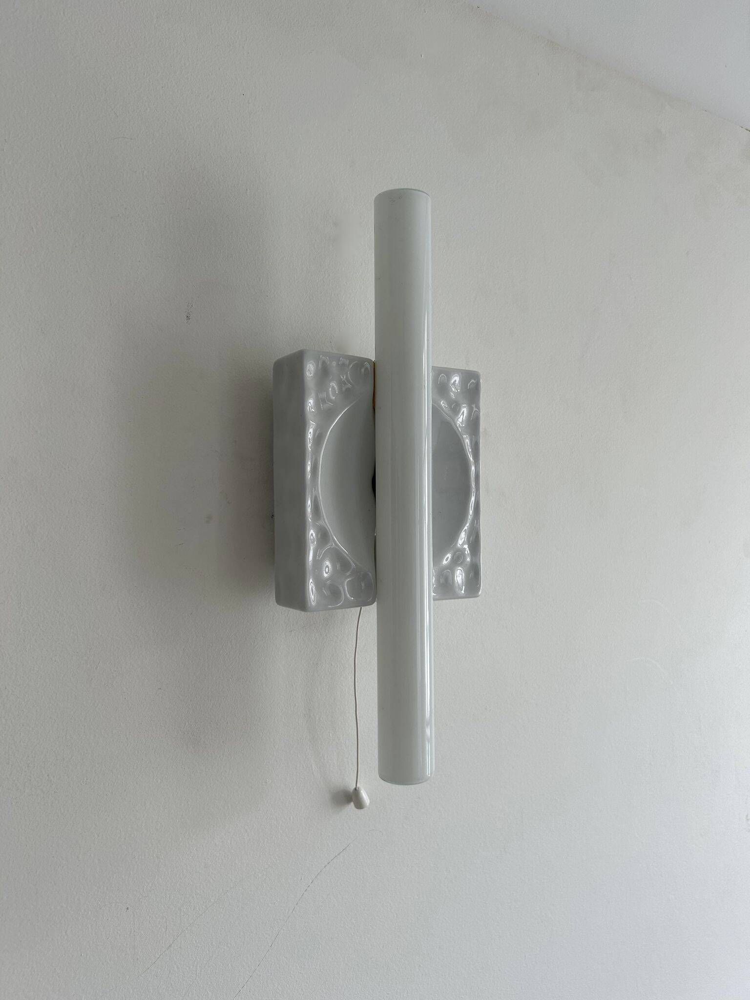 Pair of vintage porcelain wall lights with switch, France 1970.