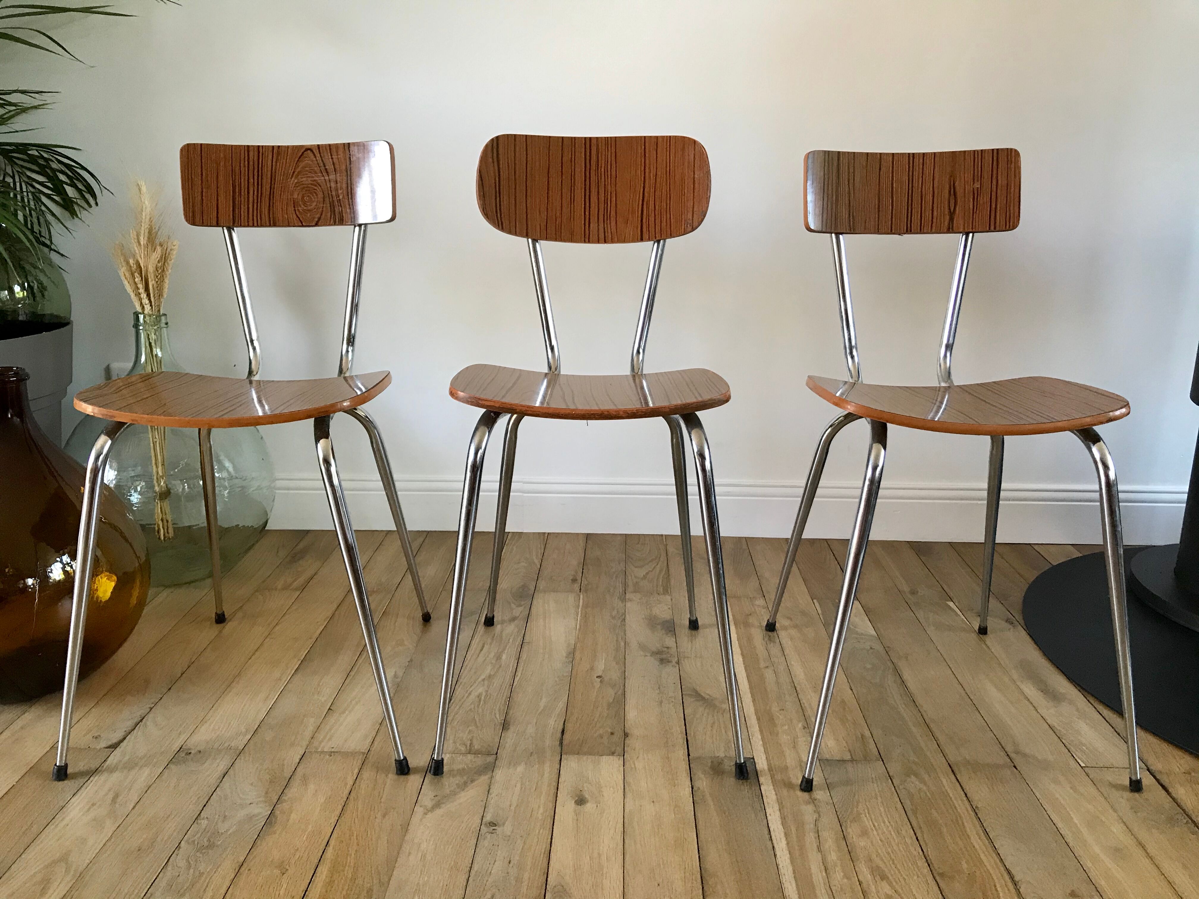 Trio of chairs in icy brown formica 70s
