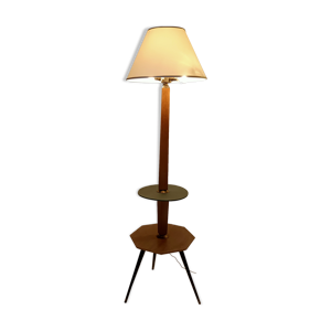Lampadaire tripode en chêne clair 1950 à deux plateaux.