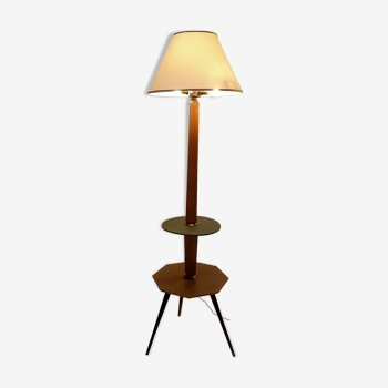 Tripod floor lamp in light oak 1950 with two trays.