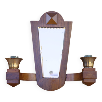 Vintage wooden wall light, wall light with art deco mirror