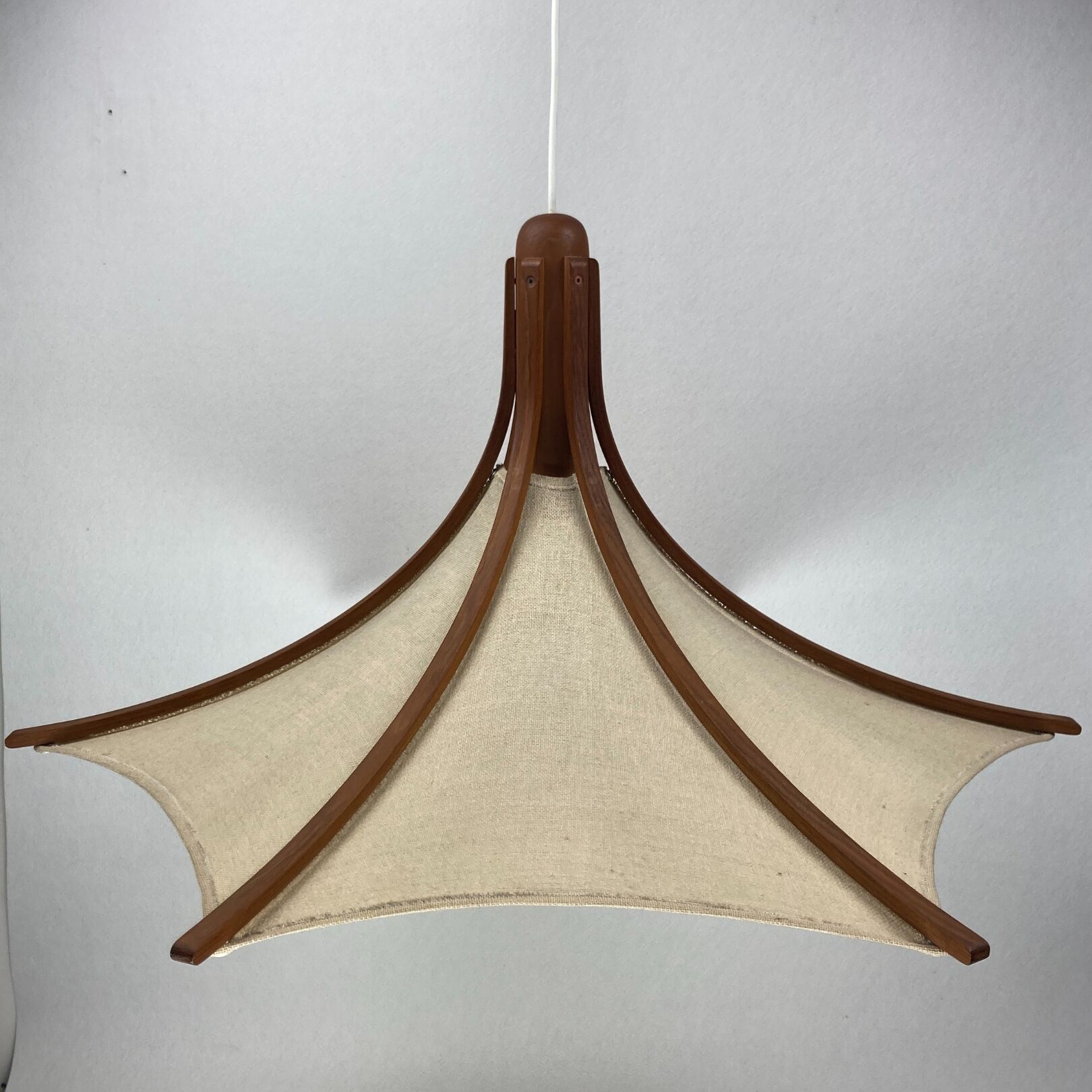 Teak and linen umbrella pendant by Domus, 1970s