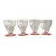 Lot of water in white and pink glass glasses