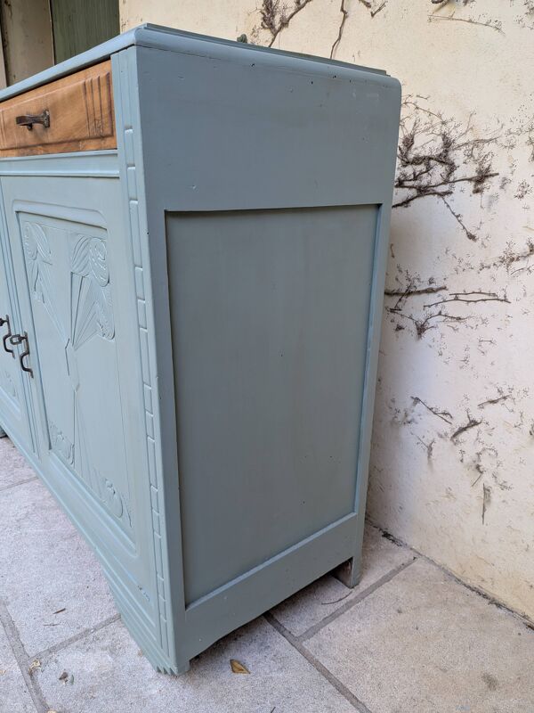 Enfilade basse Art Déco des années 30 bicolore bleu horizon et bois massif