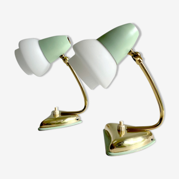Pair of table or bedside lamps, brass and glass, 50s