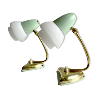 Pair of table or bedside lamps, brass and glass, 50s