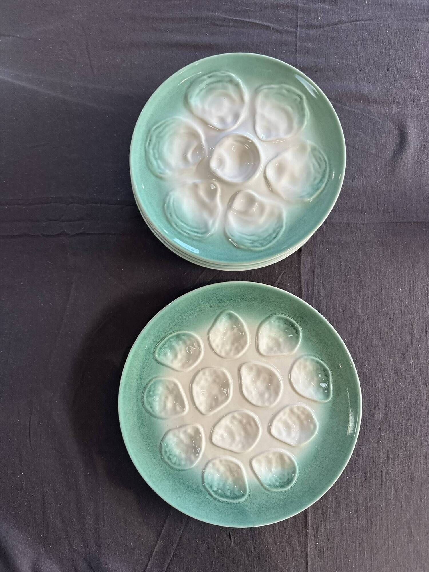 Niderviller sea-green earthenware oyster plates, set of 10 + dish
